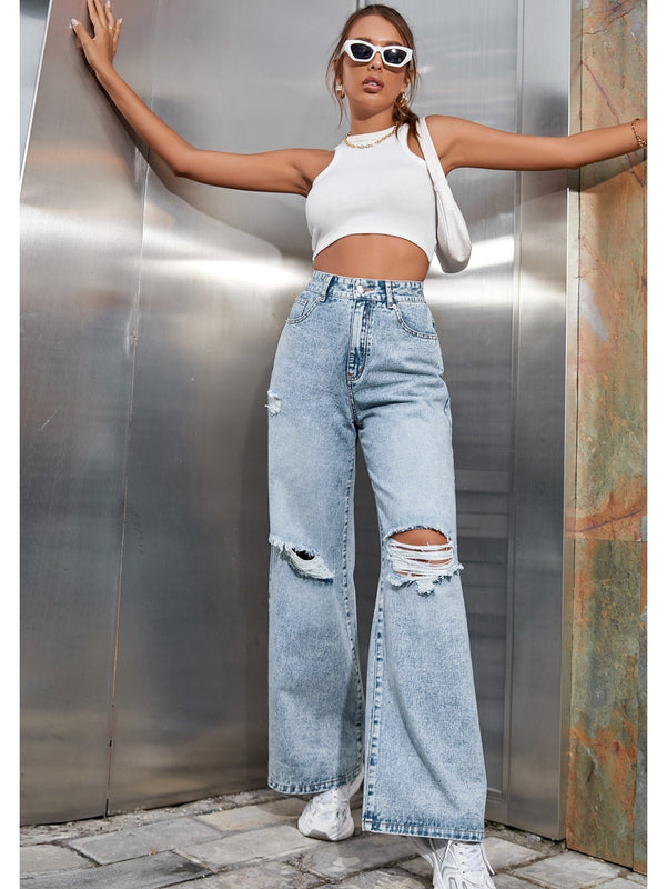 Jeans rotos de pierna ancha de talle alto