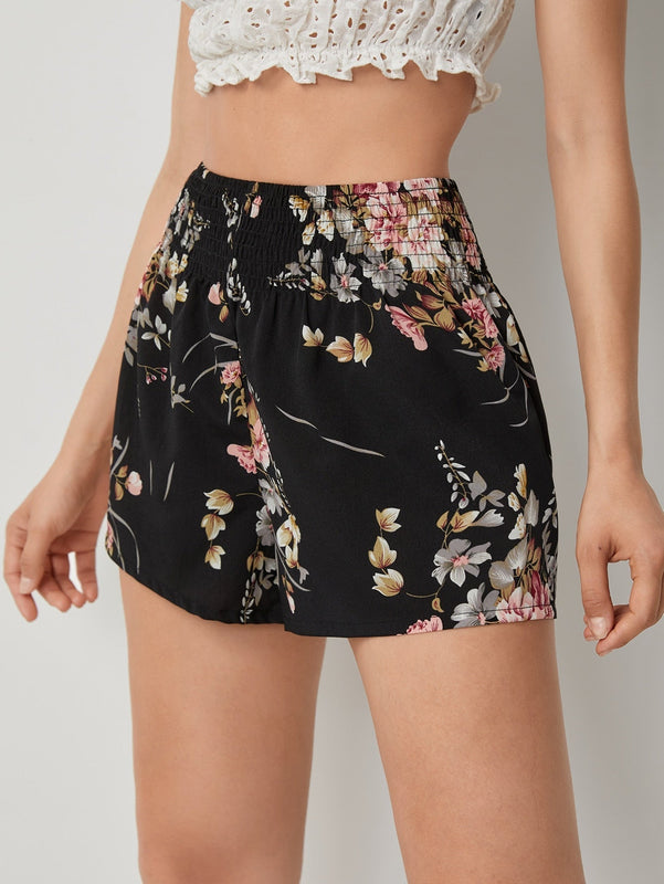 Shorts floral de cintura fruncido