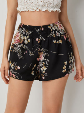 Shorts floral de cintura fruncido