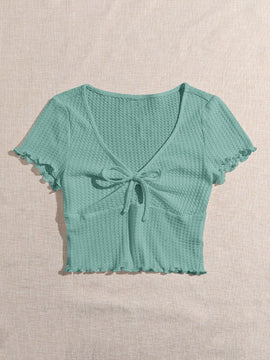 EZwear Camiseta tejida con nudo delantero ribete en forma de lechuga