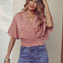 VCAY Blusa floral de manga mariposa con fruncido