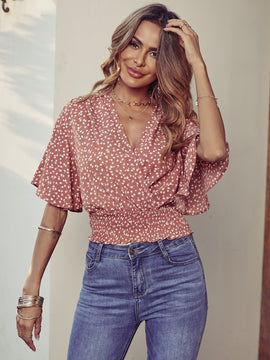 VCAY Blusa floral de manga mariposa con fruncido