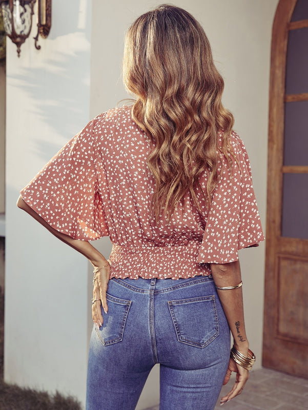 VCAY Blusa floral de manga mariposa con fruncido