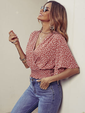 VCAY Blusa floral de manga mariposa con fruncido