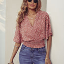 VCAY Blusa floral de manga mariposa con fruncido