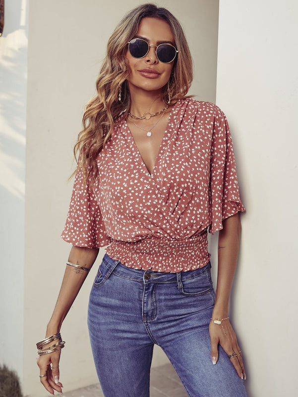VCAY Blusa floral de manga mariposa con fruncido