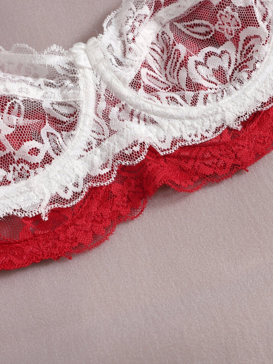 Conjunto De Lenceria De Dos Piezas De Encaje Floral Con Sujetador Con Aros