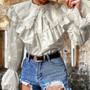 VCAY Blusa con bordado con ojal ribete con fruncido de manga con volante