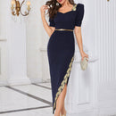 Modely Vestido escote corazon de manga farol ribete con encaje sin cinturon