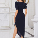 Modely Vestido escote corazon de manga farol ribete con encaje sin cinturon