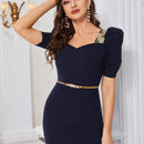 Modely Vestido escote corazon de manga farol ribete con encaje sin cinturon