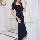 Modely Vestido escote corazon de manga farol ribete con encaje sin cinturon
