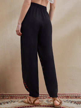 Mulvari Pantalones zanahoria de cintura elastica con bordado geometrico