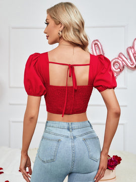 Prive Camisa corta escote corazon pecho con fruncido con abertura