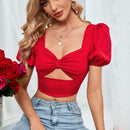 Prive Camisa corta escote corazon pecho con fruncido con abertura