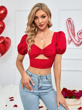 Prive Camisa corta escote corazon pecho con fruncido con abertura