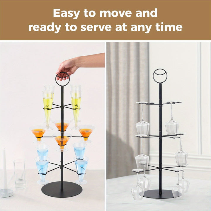 Elegante soporte de árbol de cóctel de 3 niveles con 12 soportes - Estante de exhibición de copas de champán con acabado negro para fiestas y eventos, construcción metálica, perfecto para organizar bebidas, soporte de árbol de cóctel