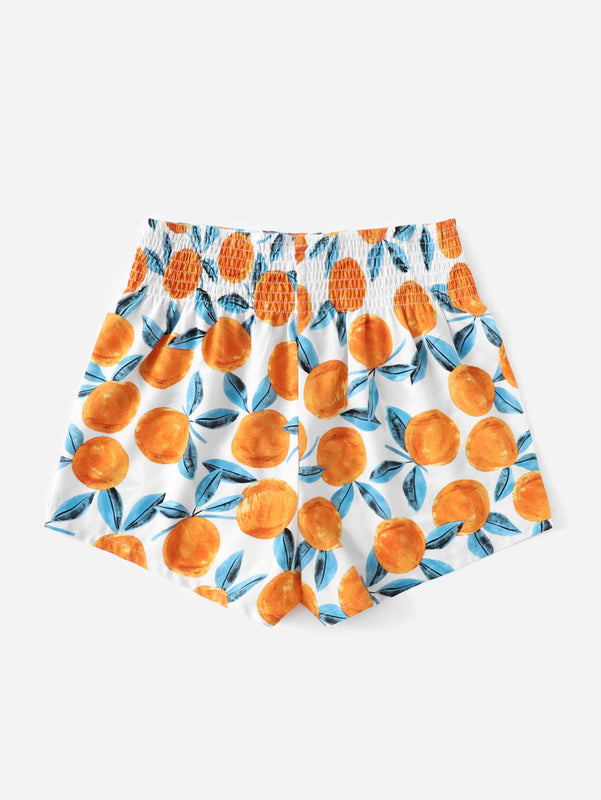 WYWH Shorts de cintura elastica con fruncido con estampado de naranja