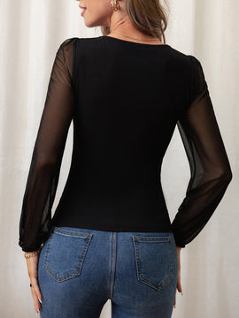 Prive Top de malla en contraste de manga farol de cuello scoop