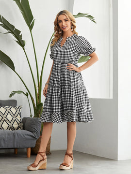 EMERY ROSE Vestido smock con estampado de guingan de manga farol bajo con fruncido