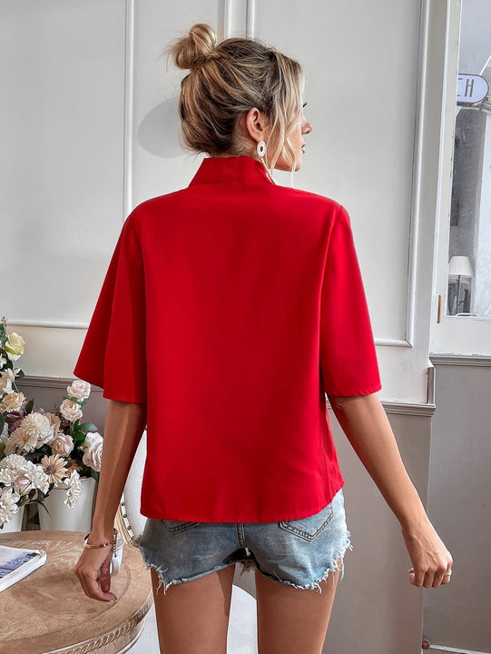 WYWH Blusa de cuello con cordon de manga con volante