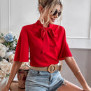 WYWH Blusa de cuello con cordon de manga con volante