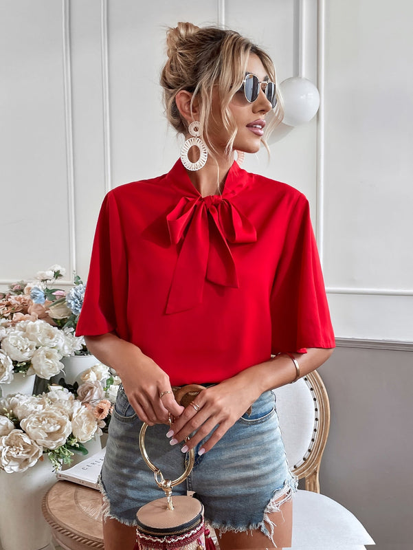 WYWH Blusa de cuello con cordon de manga con volante