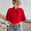 WYWH Blusa de cuello con cordon de manga con volante