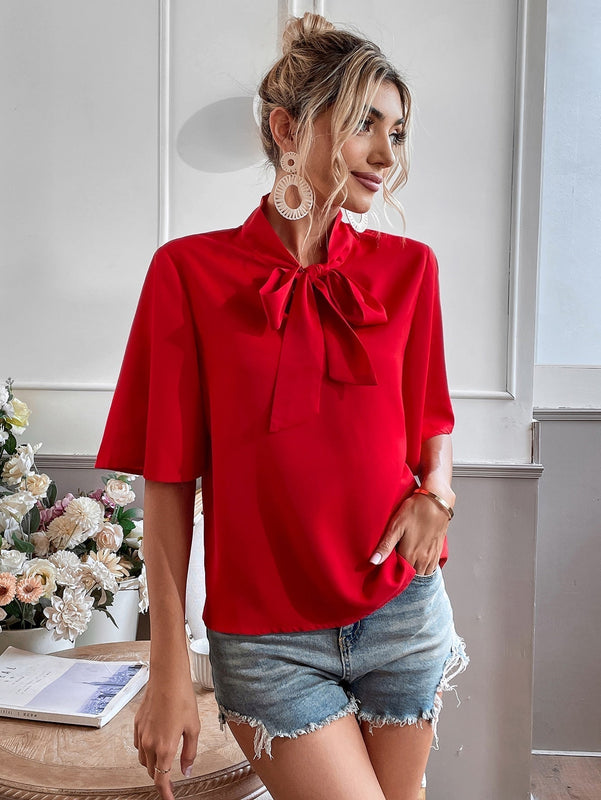 WYWH Blusa de cuello con cordon de manga con volante