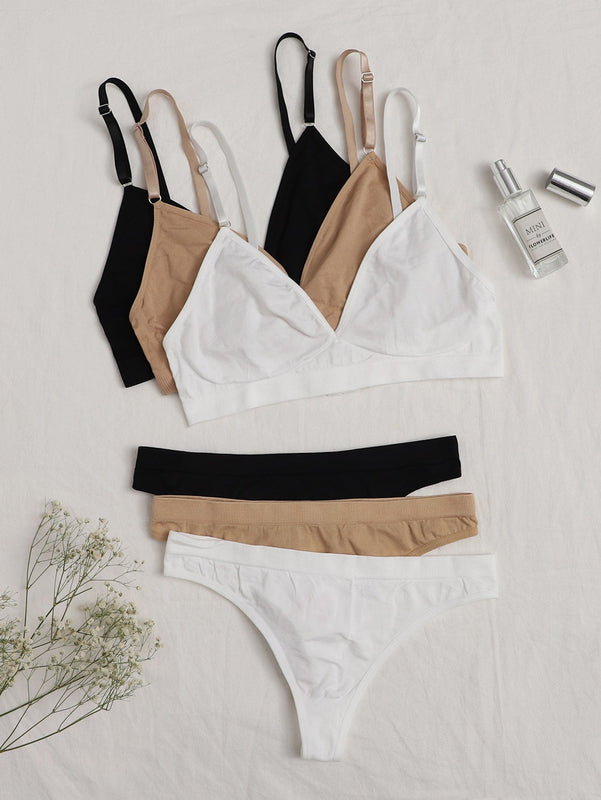 Conjunto De Lenceria Con Sujetador Inalambrico Y Bragas Con Espalda En T De 3 Piezas / Juego