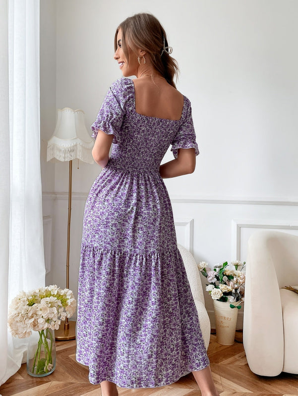 VCAY Vestido con estampado floral de cuello cuadrado de manga farol de muslo con abertura