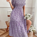 VCAY Vestido con estampado floral de cuello cuadrado de manga farol de muslo con abertura
