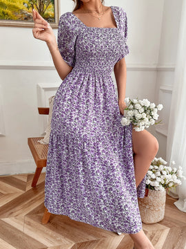 VCAY Vestido con estampado floral de cuello cuadrado de manga farol de muslo con abertura