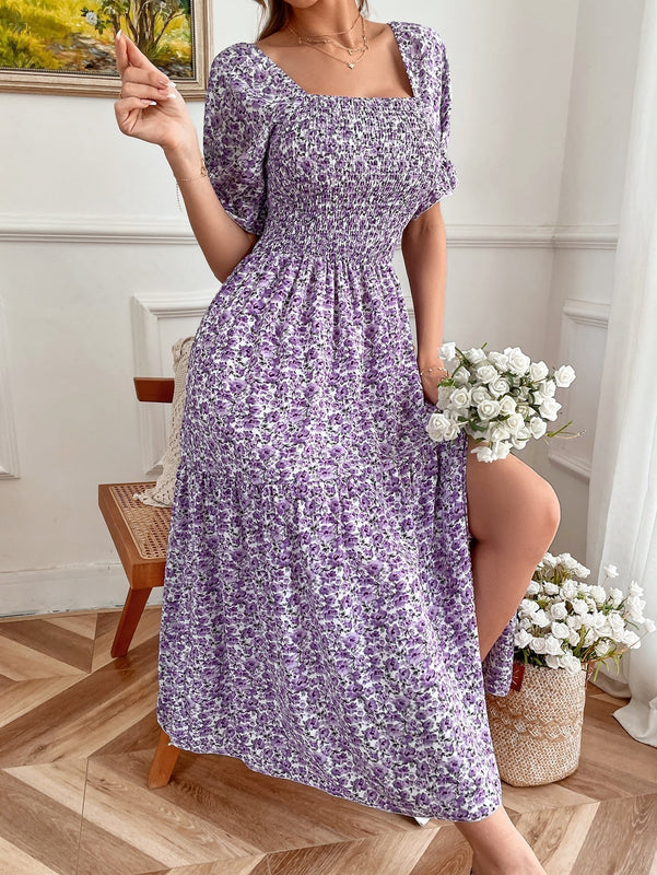 VCAY Vestido con estampado floral de cuello cuadrado de manga farol de muslo con abertura
