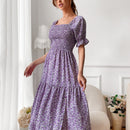 VCAY Vestido con estampado floral de cuello cuadrado de manga farol de muslo con abertura