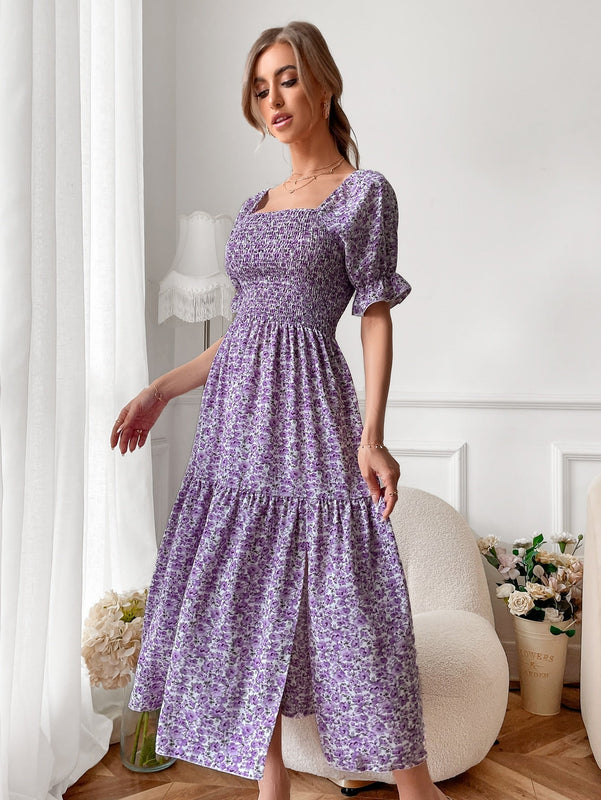VCAY Vestido con estampado floral de cuello cuadrado de manga farol de muslo con abertura