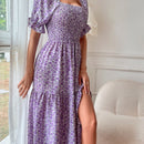 VCAY Vestido con estampado floral de cuello cuadrado de manga farol de muslo con abertura
