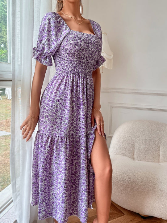 VCAY Vestido con estampado floral de cuello cuadrado de manga farol de muslo con abertura