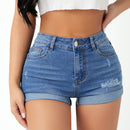 PETITE Shorts en mezclilla de talle alto desgarro bajo de doblez