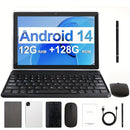Tablet de 10.1 Pulgadas con Sistema Operativo Android 14, Tableta 2 en 1 con Teclado, Ratón, Funda, Estilete, 128GB ROM 12GB 4GB+8GB RAM Ampliable, Doble Cámara, Procesador de Ocho Núcleos, Pantalla Táctil IPS Alta Definición 1280*800, GMS Tab, Wi-Fi 5G