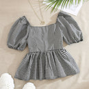 VCAY Blusa de manga farol bajo con fruncido de guingan