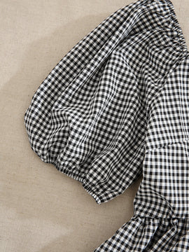 VCAY Blusa de manga farol bajo con fruncido de guingan