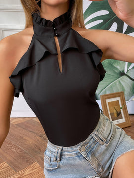 Unity Blusa con abertura ribete con fruncido de cuello halter
