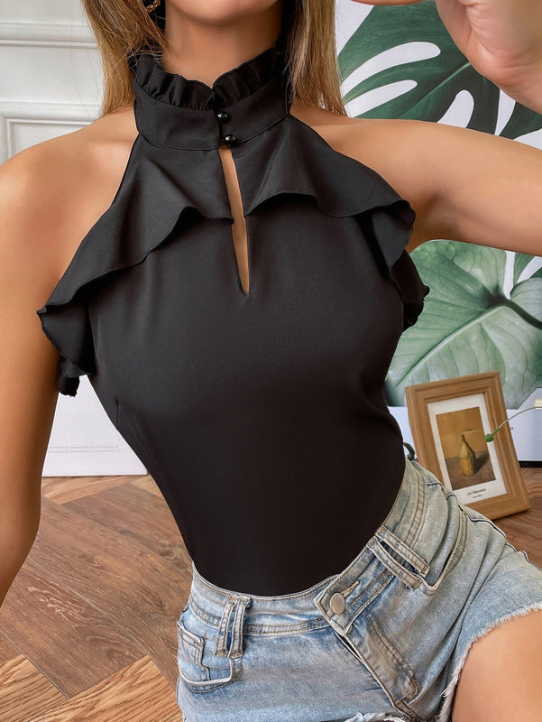 Unity Blusa con abertura ribete con fruncido de cuello halter