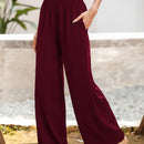 Essnce pantalones casuales sueltos de pierna ancha con bolsillos y cintura fruncida de unicolor para mujeres