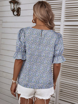 VCAY Blusa floral de manga con volante