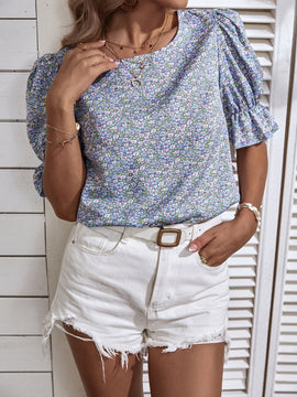 VCAY Blusa floral de manga con volante