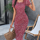 Prive Vestido con estampado floral de manga farol bajo con fruncido