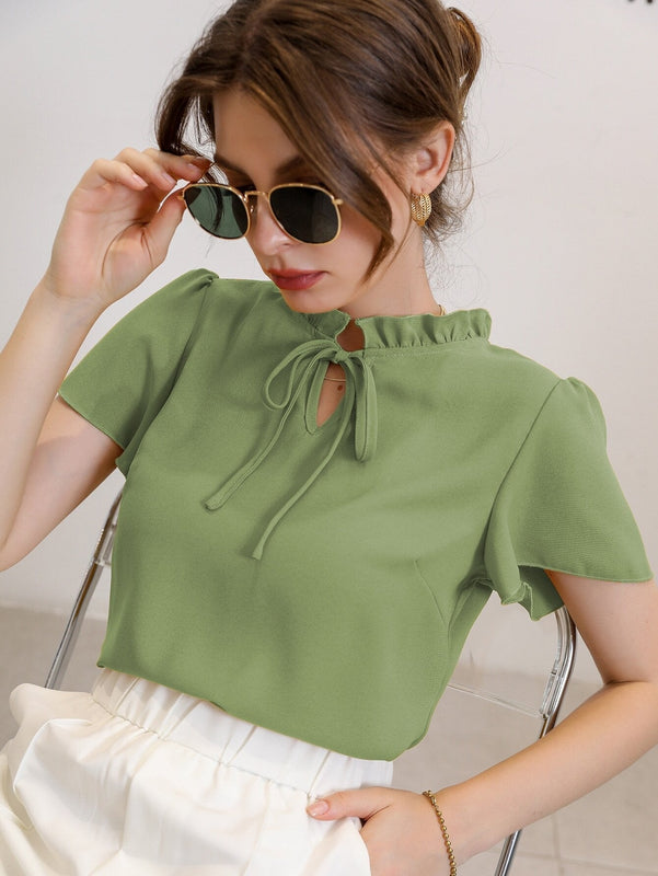 Mulvari Blusa de cuello con cordon de manga farol