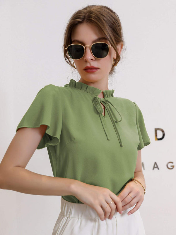 Mulvari Blusa de cuello con cordon de manga farol